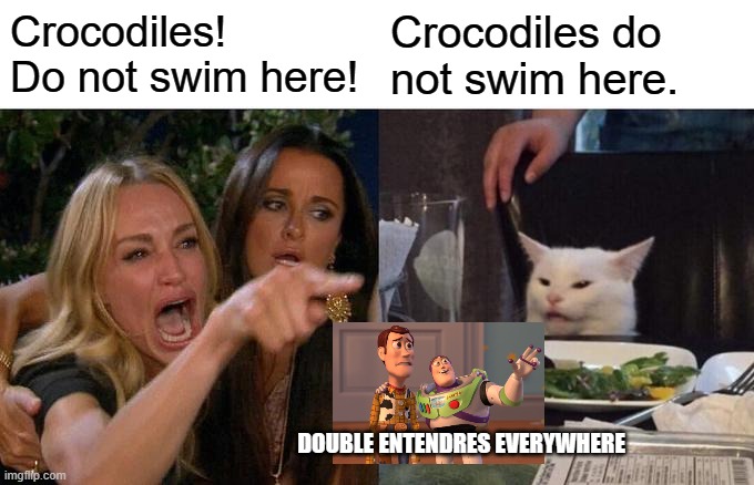 Woman Yelling At Cat Meme | Crocodiles! Do not swim here! Crocodiles do not swim here. DOUBLE ENTENDRES EVERYWHERE | image tagged in memes,woman yelling at cat | made w/ Imgflip meme maker