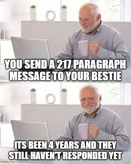help me | YOU SEND A 217 PARAGRAPH MESSAGE TO YOUR BESTIE; ITS BEEN 4 YEARS AND THEY STILL HAVEN'T RESPONDED YET | image tagged in memes,hide the pain harold | made w/ Imgflip meme maker