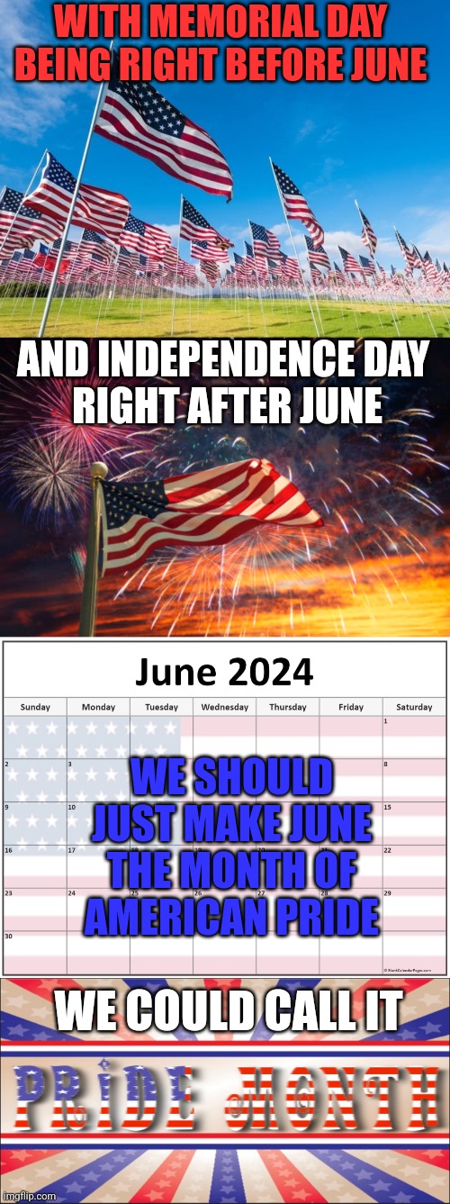 HOW MANY LIBERALS WOULD LOSE THEIR MINDS OVER THAT? | WITH MEMORIAL DAY BEING RIGHT BEFORE JUNE; AND INDEPENDENCE DAY 
RIGHT AFTER JUNE; WE SHOULD JUST MAKE JUNE THE MONTH OF AMERICAN PRIDE; WE COULD CALL IT | image tagged in american flag,memorial day,independence day,politics,liberals,pride month | made w/ Imgflip meme maker