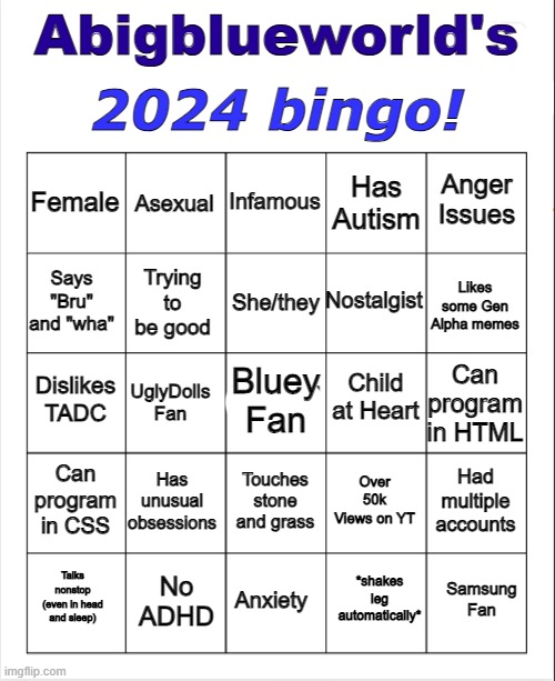 Blank Bingo | 2024 bingo! Abigblueworld's; Infamous; Asexual; Anger Issues; Female; Has Autism; She/they; Nostalgist; Says "Bru" and "wha"; Likes some Gen Alpha memes; Trying to be good; Child at Heart; Dislikes TADC; Can program in HTML; Bluey Fan; UglyDolls Fan; Can program in CSS; Has unusual obsessions; Had multiple accounts; Over 50k Views on YT; Touches stone and grass; No ADHD; Samsung Fan; Talks nonstop (even in head and sleep); Anxiety; *shakes leg automatically* | image tagged in blank bingo | made w/ Imgflip meme maker