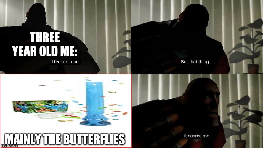 I used to freak out so hard whenever I played this game ? | THREE YEAR OLD ME:; MAINLY THE BUTTERFLIES | image tagged in tf2 heavy i fear no man,childhood,autism,adhd | made w/ Imgflip meme maker