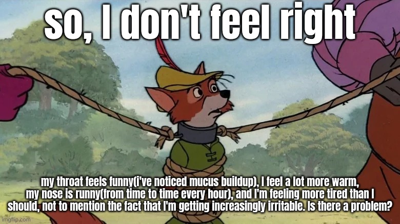 (picture from Disney Robin Hood movie in 1973, if credit is required) | so, I don't feel right; my throat feels funny(i've noticed mucus buildup), I feel a lot more warm, my nose is runny(from time to time every hour), and I'm feeling more tired than I should, not to mention the fact that I'm getting increasingly irritable. Is there a problem? | image tagged in robin hood tied up | made w/ Imgflip meme maker