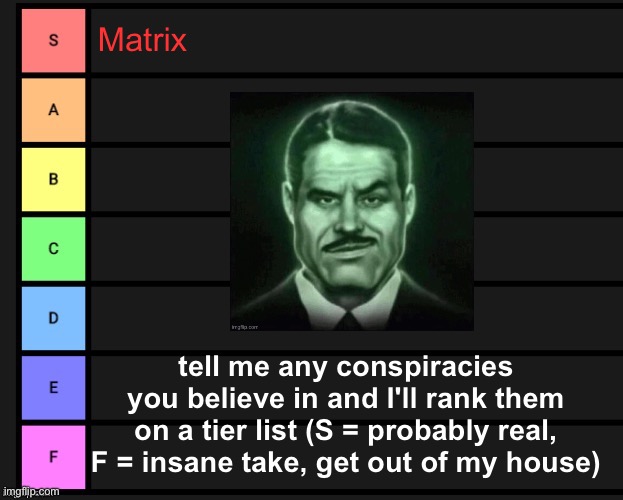 bored fr | Matrix; tell me any conspiracies you believe in and I'll rank them on a tier list (S = probably real, F = insane take, get out of my house) | image tagged in tier list | made w/ Imgflip meme maker