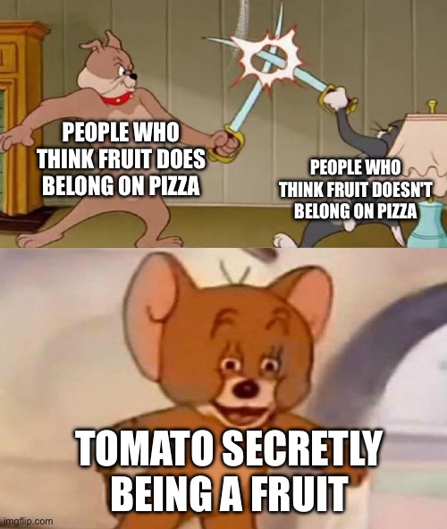 I think I settled the agreement........ | PEOPLE WHO THINK FRUIT DOES BELONG ON PIZZA; PEOPLE WHO THINK FRUIT DOESN'T BELONG ON PIZZA; TOMATO SECRETLY BEING A FRUIT | image tagged in tom and jerry swordfight,tomato,fruit,pizza,pineapple | made w/ Imgflip meme maker
