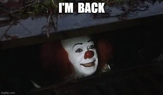 I'M BACK | I'M  BACK | image tagged in it clown | made w/ Imgflip meme maker