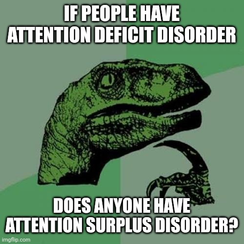 Philosoraptor on too little (or too much) focus | IF PEOPLE HAVE
ATTENTION DEFICIT DISORDER; DOES ANYONE HAVE
ATTENTION SURPLUS DISORDER? | image tagged in memes,philosoraptor,attention,deficit,surplus,disorder | made w/ Imgflip meme maker