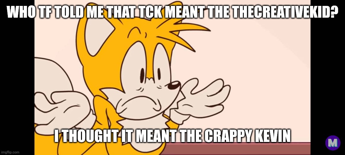 Heeh | WHO TF TOLD ME THAT TCK MEANT THE THECREATIVEKID? I THOUGHT IT MEANT THE CRAPPY KEVIN | image tagged in tails shrug | made w/ Imgflip meme maker