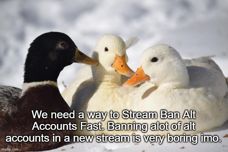 Maybe Multiple User Bans at one click or IP Stream Ban can be a good idea. | We need a way to Stream Ban Alt Accounts Fast. Banning alot of alt accounts in a new stream is very boring imo. | image tagged in dunkin ducks | made w/ Imgflip meme maker