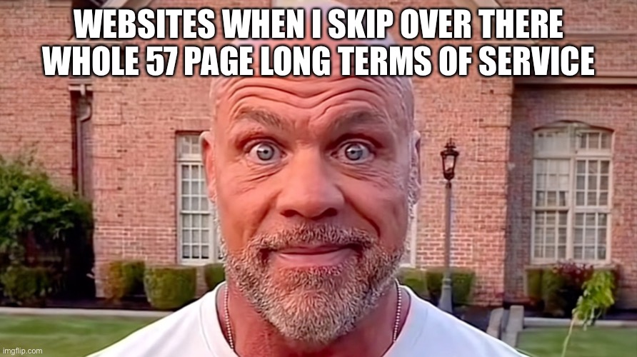 Real | WEBSITES WHEN I SKIP OVER THERE WHOLE 57 PAGE LONG TERMS OF SERVICE | image tagged in kurt angle stare | made w/ Imgflip meme maker