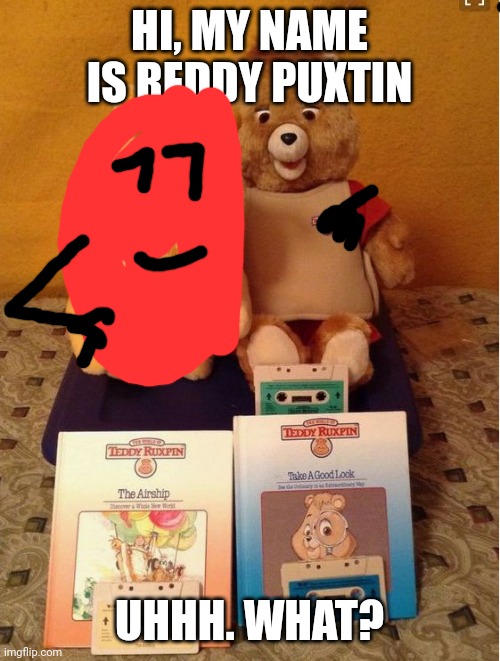 Teddy Ruxpin | HI, MY NAME IS REDDY PUXTIN; UHHH. WHAT? | image tagged in teddy ruxpin | made w/ Imgflip meme maker