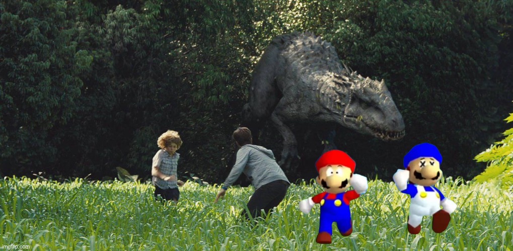 Zach, Gray, Mario, and SMG4 running away from the Indominus rex | image tagged in fun,smg4,mario,jurassic world | made w/ Imgflip meme maker