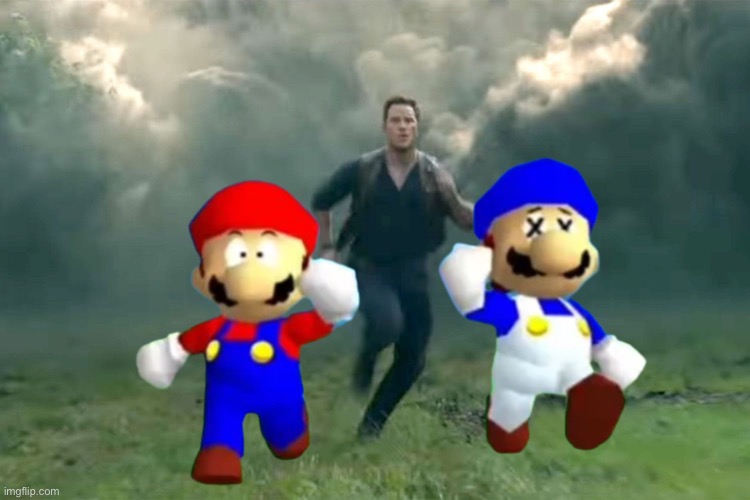 Owen, Mario, and SMG4 running away from a pyroclastic cloud | image tagged in fun,smg4,mario,jurassic world | made w/ Imgflip meme maker
