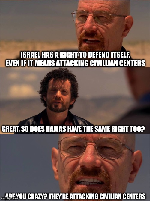 Just a reminder that the UN supports Hamas’s right to self-defense, causing Zionists to cope and seethe about it | ISRAEL HAS A RIGHT TO DEFEND ITSELF, EVEN IF IT MEANS ATTACKING CIVILLIAN CENTERS; GREAT, SO DOES HAMAS HAVE THE SAME RIGHT TOO? ARE YOU CRAZY? THEY’RE ATTACKING CIVILIAN CENTERS | image tagged in breaking bad - say my name | made w/ Imgflip meme maker