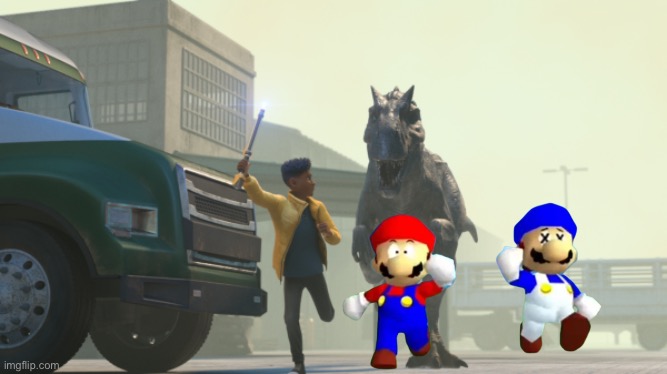 Darius, Mario, and SMG4 running away from an Allosaurus | image tagged in jurassic world,smg4,mario,meme,fun | made w/ Imgflip meme maker