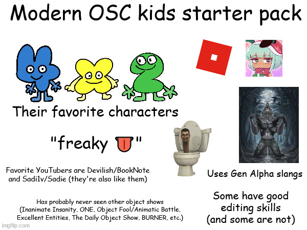 They are very annoying. | Modern OSC kids starter pack; Their favorite characters; "freaky 👅"; Uses Gen Alpha slangs; Favorite YouTubers are Devilish/BookNote and Sadi1v/Sadie (they're also like them); Some have good editing skills (and some are not); Has probably never seen other object shows (Inanimate Insanity, ONE, Object Fool/Animatic Battle, Excellent Entities, The Daily Object Show, BURNER, etc.) | image tagged in memes,starter pack,bfb,object show,bfdi | made w/ Imgflip meme maker