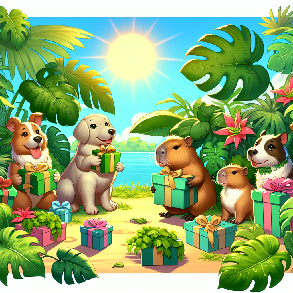 cute dogs and capybaras with gifts, sun and a lot of monsteras, Blank Meme Template