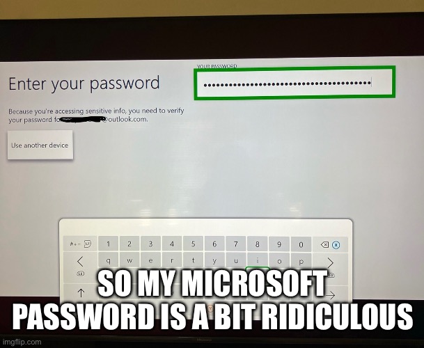 Just a smidge little tiny bit ridiculous :)))) | SO MY MICROSOFT PASSWORD IS A BIT RIDICULOUS | image tagged in xbox one,microsoft,password,password strength | made w/ Imgflip meme maker