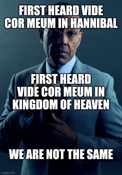 Vide Cor Meum | FIRST HEARD VIDE COR MEUM IN HANNIBAL; FIRST HEARD VIDE COR MEUM IN KINGDOM OF HEAVEN; WE ARE NOT THE SAME | image tagged in gus fring we are not the same | made w/ Imgflip meme maker