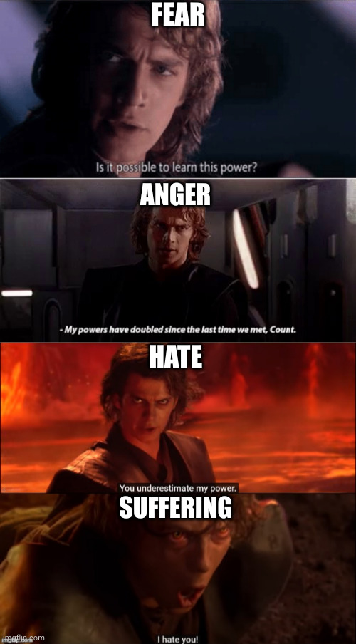 Joy, love, compassion, eternal happiness | FEAR; ANGER; HATE; SUFFERING | image tagged in learn this power,anakin powers have doubled,star wars you underestimate my power,power,lust | made w/ Imgflip meme maker