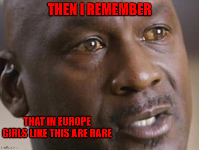 everytime i see an american turist: | THEN I REMEMBER; THAT IN EUROPE GIRLS LIKE THIS ARE RARE | image tagged in micheal jordan | made w/ Imgflip meme maker