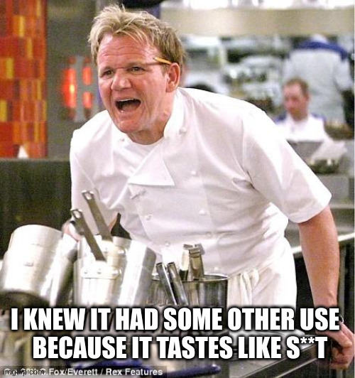 Chef Gordon Ramsay Meme | I KNEW IT HAD SOME OTHER USE 
 BECAUSE IT TASTES LIKE S**T | image tagged in memes,chef gordon ramsay | made w/ Imgflip meme maker