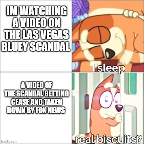 bluey but its a las Vegas willy Wonka's experience | IM WATCHING A VIDEO ON THE LAS VEGAS BLUEY SCANDAL; A VIDEO OF THE SCANDAL GETTING CEASE AND TAKEN DOWN BY FOX NEWS | image tagged in real biscuits | made w/ Imgflip meme maker