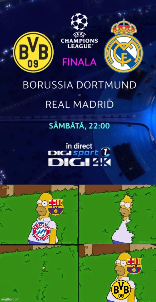 THE FAMOUS OLD TROPHY IS HEADING TO... Dortmund? or MADRID?!! find out live on DIGI SPORT, TELEVISIÓN ESPAÑOLA, ZDF, AND TNT SPO | image tagged in homer bush,dortmund,real madrid,uefa champions league,futbol,barcelona | made w/ Imgflip meme maker