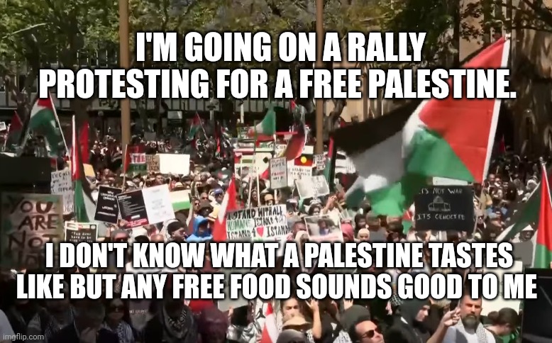 Pro-Palestine rally in Sydney | I'M GOING ON A RALLY PROTESTING FOR A FREE PALESTINE. I DON'T KNOW WHAT A PALESTINE TASTES LIKE BUT ANY FREE FOOD SOUNDS GOOD TO ME | image tagged in pro-palestine rally in sydney | made w/ Imgflip meme maker