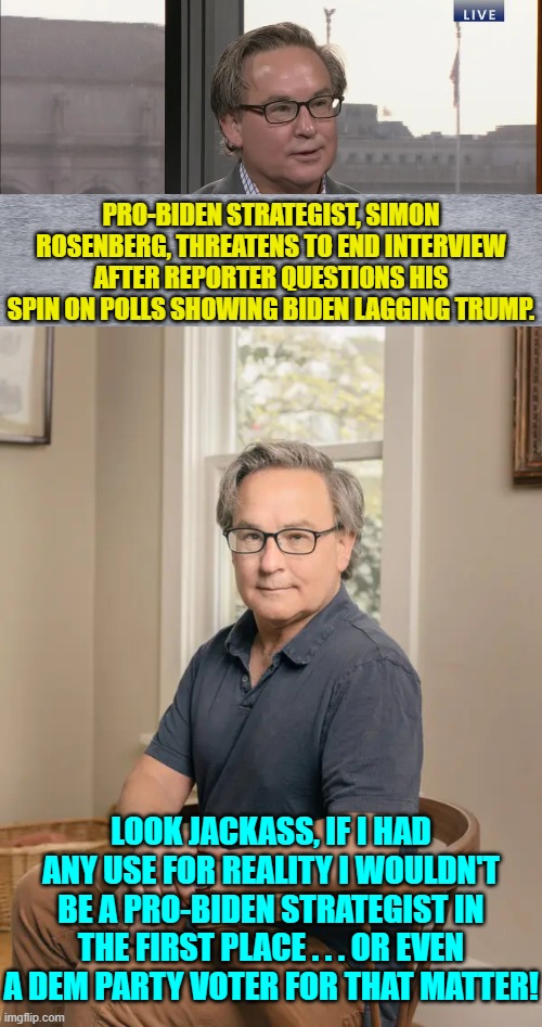 The man makes a good point or two. | PRO-BIDEN STRATEGIST, SIMON ROSENBERG, THREATENS TO END INTERVIEW AFTER REPORTER QUESTIONS HIS SPIN ON POLLS SHOWING BIDEN LAGGING TRUMP. LOOK JACKASS, IF I HAD ANY USE FOR REALITY I WOULDN'T BE A PRO-BIDEN STRATEGIST IN THE FIRST PLACE . . . OR EVEN A DEM PARTY VOTER FOR THAT MATTER! | image tagged in yep | made w/ Imgflip meme maker