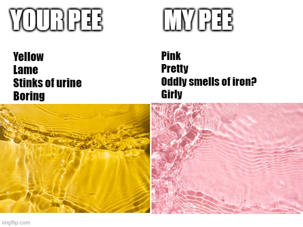 girll piss | YOUR PEE              MY PEE; Pink
Pretty
Oddly smells of iron?
Girly; Yellow
Lame
Stinks of urine
Boring | image tagged in girl,im just a girl | made w/ Imgflip meme maker