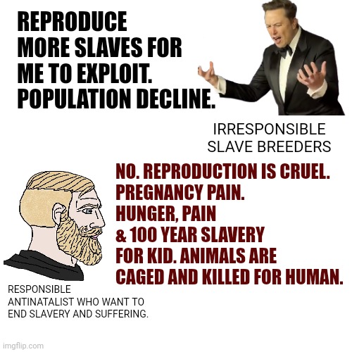 Elon musk memes | REPRODUCE MORE SLAVES FOR ME TO EXPLOIT. POPULATION DECLINE. IRRESPONSIBLE SLAVE BREEDERS; NO. REPRODUCTION IS CRUEL.
PREGNANCY PAIN.
HUNGER, PAIN & 100 YEAR SLAVERY FOR KID. ANIMALS ARE CAGED AND KILLED FOR HUMAN. RESPONSIBLE ANTINATALIST WHO WANT TO END SLAVERY AND SUFFERING. | image tagged in elon musk | made w/ Imgflip meme maker