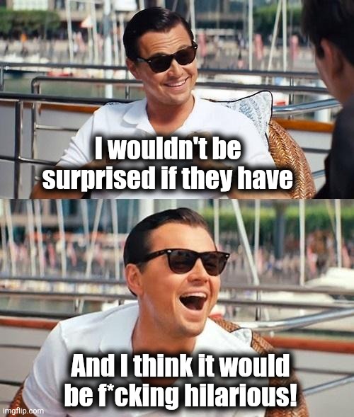 Leonardo Dicaprio Wolf Of Wall Street Meme | I wouldn't be surprised if they have And I think it would be f*cking hilarious! | image tagged in memes,leonardo dicaprio wolf of wall street | made w/ Imgflip meme maker