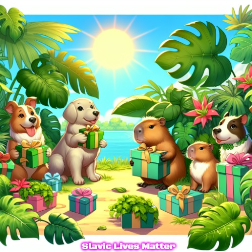 cute dogs and capybaras with gifts, sun and a lot of monsteras, | Slavic Lives Matter | image tagged in cute dogs and capybaras with gifts sun and a lot of monsteras,slavic | made w/ Imgflip meme maker