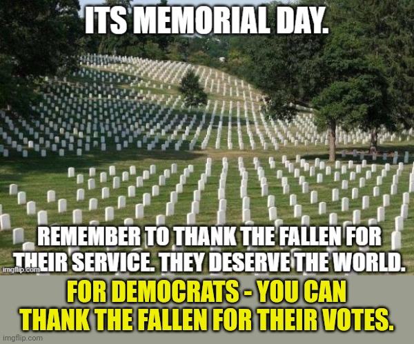 FOR DEMOCRATS - YOU CAN THANK THE FALLEN FOR THEIR VOTES. | image tagged in politics lol,memorial day,voting | made w/ Imgflip meme maker