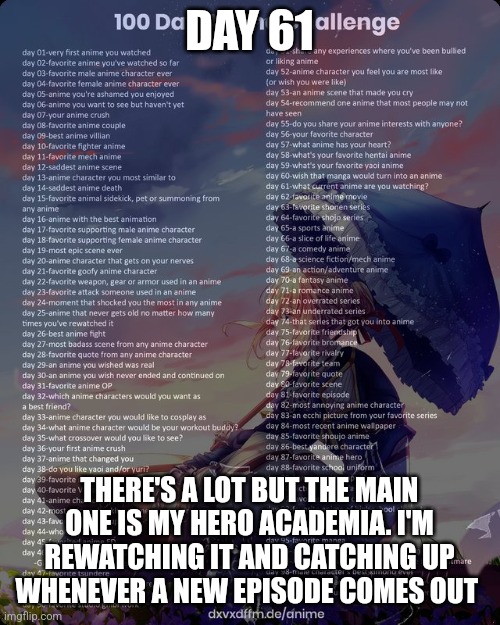 Day 61 | DAY 61; THERE'S A LOT BUT THE MAIN ONE IS MY HERO ACADEMIA. I'M REWATCHING IT AND CATCHING UP WHENEVER A NEW EPISODE COMES OUT | image tagged in 100 day anime challenge,anime,mha | made w/ Imgflip meme maker