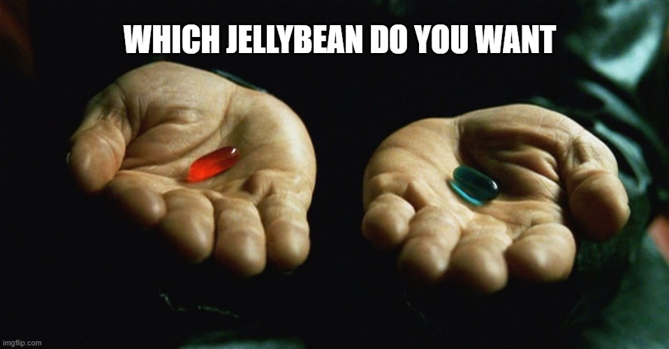 Which jellybean do you want | WHICH JELLYBEAN DO YOU WANT | image tagged in red pill blue pill | made w/ Imgflip meme maker