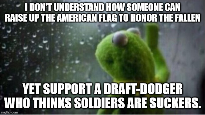 Kermit rain | I DON'T UNDERSTAND HOW SOMEONE CAN RAISE UP THE AMERICAN FLAG TO HONOR THE FALLEN; YET SUPPORT A DRAFT-DODGER WHO THINKS SOLDIERS ARE SUCKERS. | image tagged in kermit rain | made w/ Imgflip meme maker