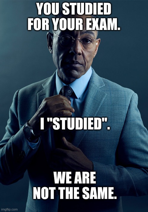 Gus Fring we are not the same | YOU STUDIED FOR YOUR EXAM. I "STUDIED". WE ARE NOT THE SAME. | image tagged in gus fring we are not the same | made w/ Imgflip meme maker