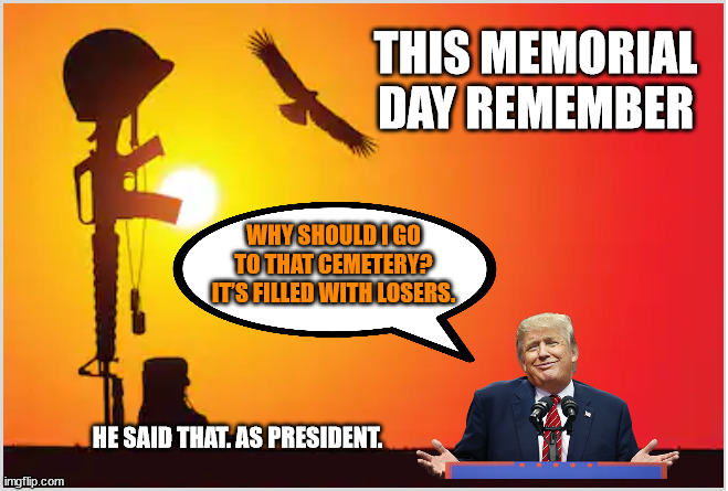 Fallen Soldier | THIS MEMORIAL DAY REMEMBER; WHY SHOULD I GO TO THAT CEMETERY? IT’S FILLED WITH LOSERS. HE SAID THAT. AS PRESIDENT. | image tagged in fallen soldier | made w/ Imgflip meme maker