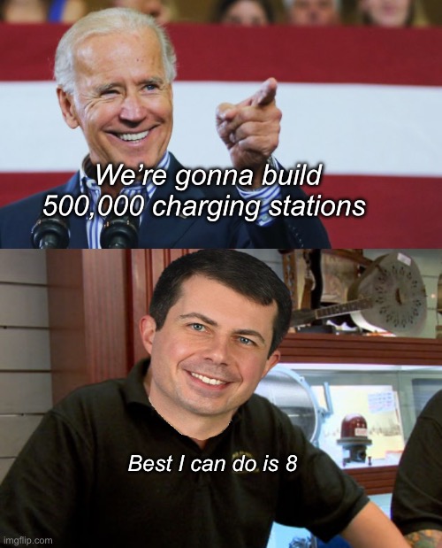 Wonder what the $$$$ was spent on | We’re gonna build 500,000 charging stations; Best I can do is 8 | image tagged in cool joe biden,best i can do is,politics lol,memes | made w/ Imgflip meme maker