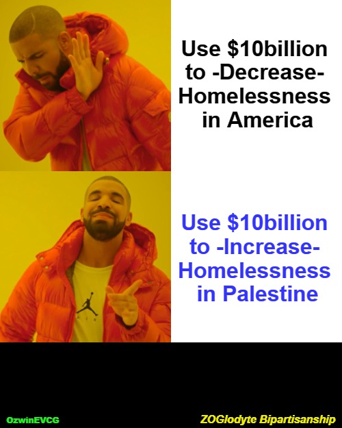 ZOGlodyte Bipartisanship | Use $10billion 

to -Decrease- 

Homelessness 

in America; Use $10billion 

to -Increase- 

Homelessness 

in Palestine; ZOGlodyte Bipartisanship; OzwinEVCG | image tagged in america first,drake hotline bling,memes,israel,palestine,government corruption | made w/ Imgflip meme maker