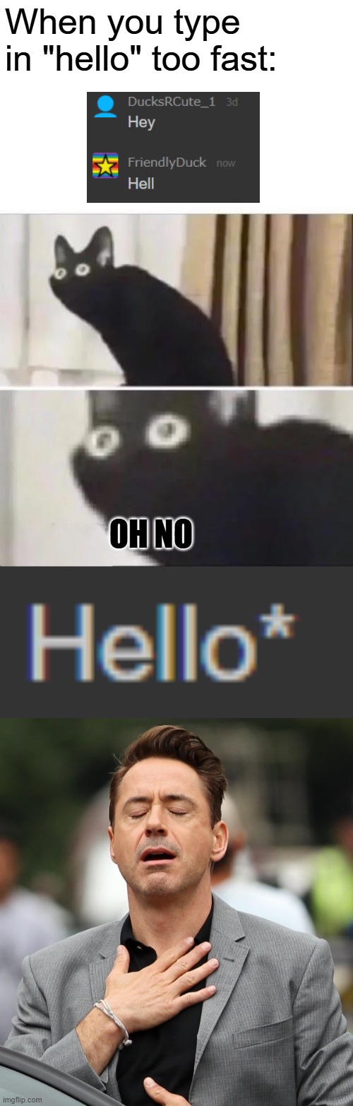 Oh no... | When you type in "hello" too fast:; OH NO | image tagged in oh no black cat,relatable,memes,cats,group chats | made w/ Imgflip meme maker