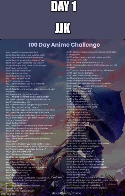 100 day anime challenge | DAY 1; JJK | image tagged in 100 day anime challenge | made w/ Imgflip meme maker