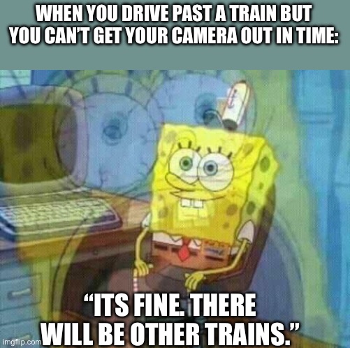 Internally: FUUUUUUUUUUUUUUUUUUUUUUUUUUUUUUUUUUUUUUUUUUUUUUU- | WHEN YOU DRIVE PAST A TRAIN BUT YOU CAN’T GET YOUR CAMERA OUT IN TIME:; “ITS FINE. THERE WILL BE OTHER TRAINS.” | image tagged in spongebob panic inside,train,railfan,foamer | made w/ Imgflip meme maker