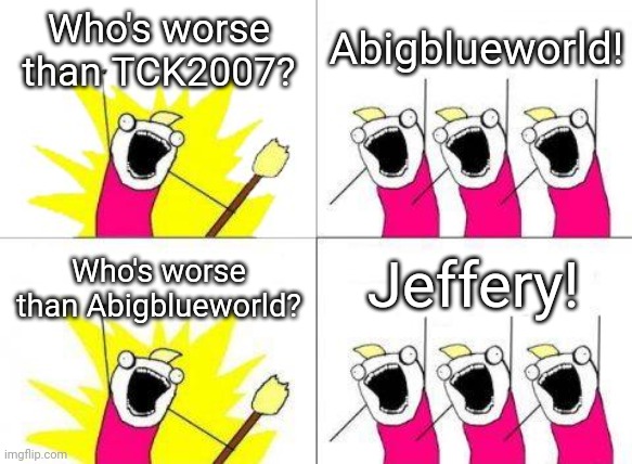 True | Who's worse than TCK2007? Abigblueworld! Jeffery! Who's worse than Abigblueworld? | image tagged in memes,what do we want | made w/ Imgflip meme maker