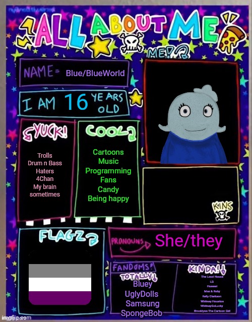 Big wa about me | Blue/BlueWorld; 16; Cartoons
Music
Programming
Fans
Candy
Being happy; Trolls
Drum n Bass
Haters
4Chan
My brain sometimes; She/they; The Loud House
LG 
Huawei
Max & Ruby
Kelly Clarkson 
Whitney Houston
WhitneyGoLucky 
Brooklynn The Cartoon Girl; Bluey
UglyDolls 
Samsung
SpongeBob | image tagged in all about me og temp by jade | made w/ Imgflip meme maker