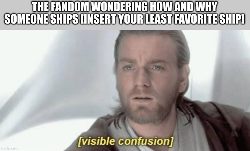 I'm running out of ideas here y'all | THE FANDOM WONDERING HOW AND WHY SOMEONE SHIPS [INSERT YOUR LEAST FAVORITE SHIP] | image tagged in visible confusion | made w/ Imgflip meme maker