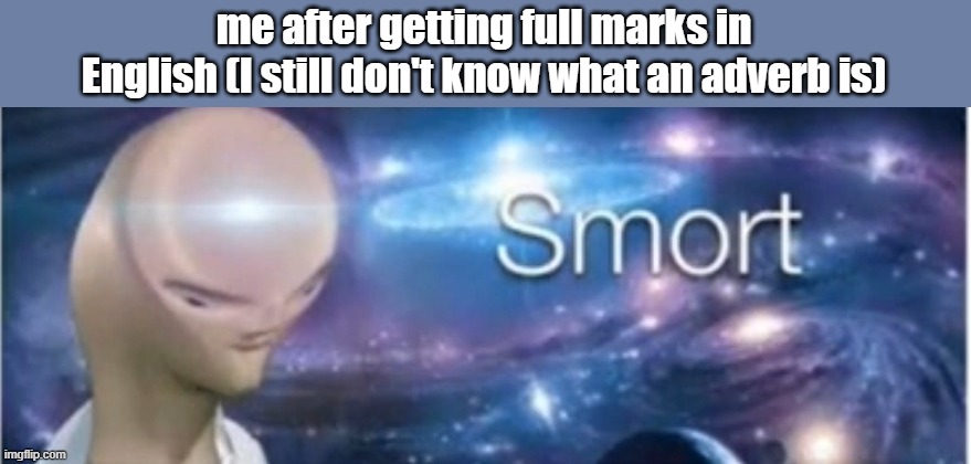 Meme man smort | me after getting full marks in English (I still don't know what an adverb is) | image tagged in meme man smort | made w/ Imgflip meme maker