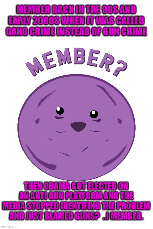Member berries always remember | MEMBER BACK IN THE 90S AND EARLY 2000S WHEN IT WAS CALLED GANG CRIME INSTEAD OF GUN CRIME; THEN OBAMA GOT ELECTED ON AN ANTI GUN PLATFORM AND THE MEDIA STOPPED IDENTIFING THE PROBLEM AND JUST BLAMED GUNS?  ..I MEMBER. | image tagged in stupid liberals,maga,donald trump approves,creepy joe biden,funny memes,political humor | made w/ Imgflip meme maker