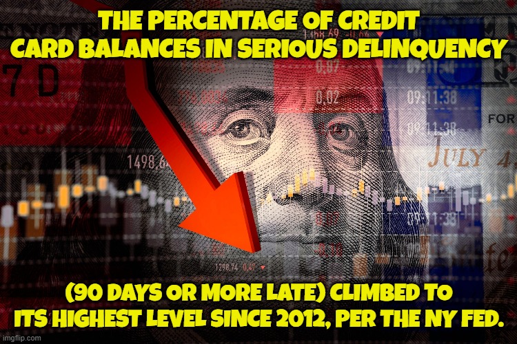 You are here ↓ | THE PERCENTAGE OF CREDIT CARD BALANCES IN SERIOUS DELINQUENCY; (90 DAYS OR MORE LATE) CLIMBED TO ITS HIGHEST LEVEL SINCE 2012, PER THE NY FED. | image tagged in economy,economics,fjb,credit card,debt,joe biden | made w/ Imgflip meme maker